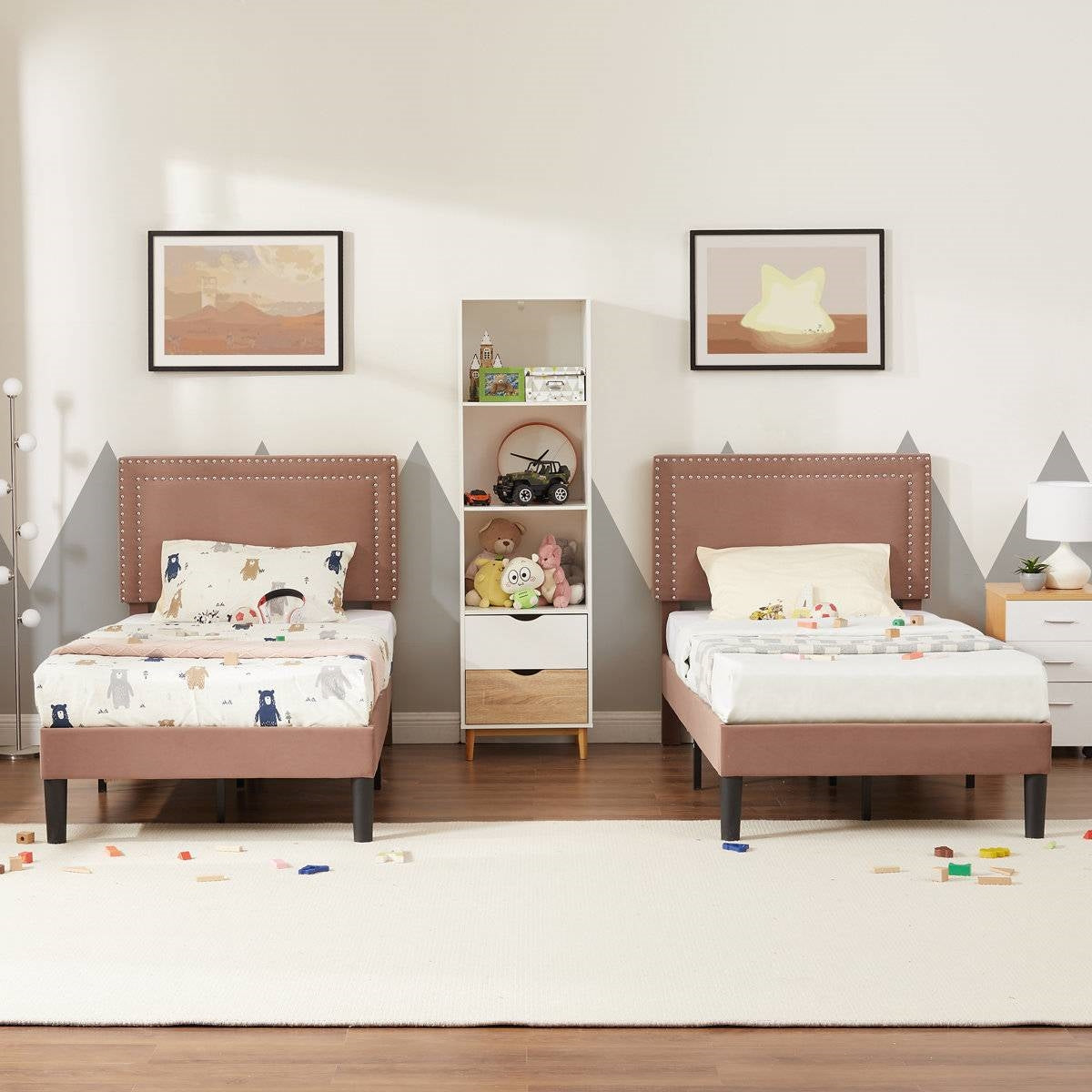 Twin Size - Set of 2 - Dorm Style Brown Tufted Upholstered Platform Beds