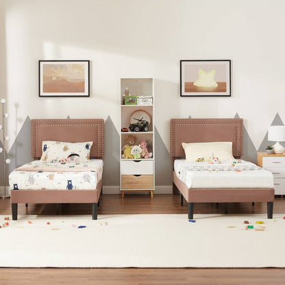 Twin Size - Set of 2 - Dorm Style Brown Tufted Upholstered Platform Beds