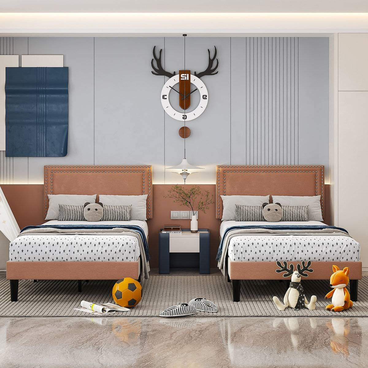 Twin Size - Set of 2 - Dorm Style Brown Tufted Upholstered Platform Beds