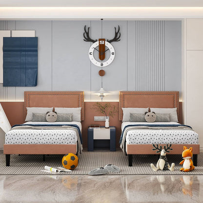Twin Size - Set of 2 - Dorm Style Brown Tufted Upholstered Platform Beds