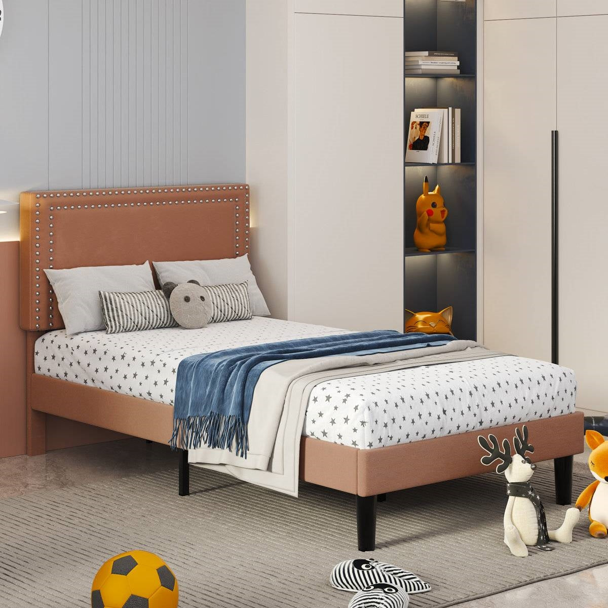 Twin Size - Set of 2 - Dorm Style Brown Tufted Upholstered Platform Beds