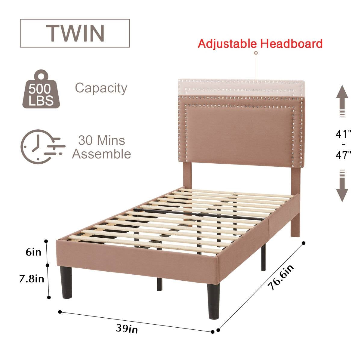 Twin Size - Set of 2 - Dorm Style Brown Tufted Upholstered Platform Beds