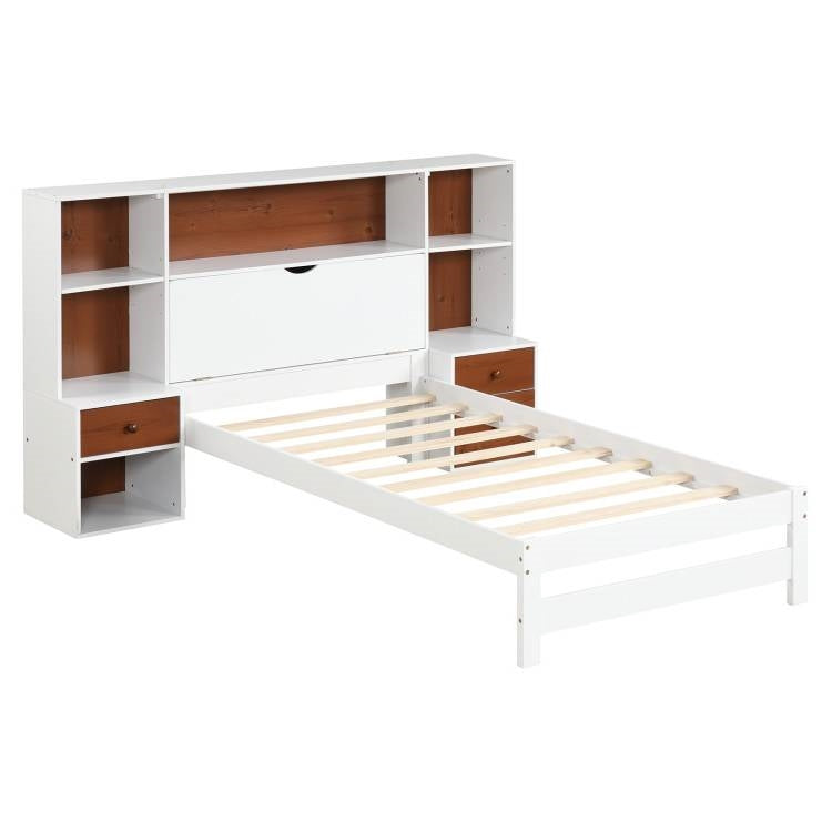 Twin Size Dorm Bookcase Storage 2 Nightstands Bedroom Set White/Walnut