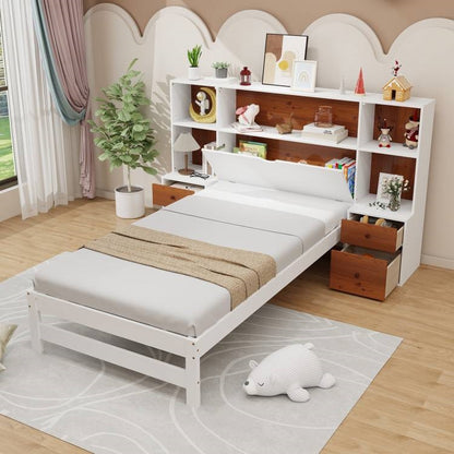 Twin Size Dorm Bookcase Storage 2 Nightstands Bedroom Set White/Walnut