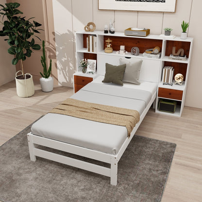 Twin Size Dorm Bookcase Storage 2 Nightstands Bedroom Set White/Walnut