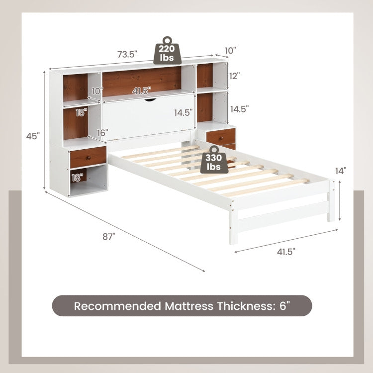 Twin Size Dorm Bookcase Storage 2 Nightstands Bedroom Set White/Walnut
