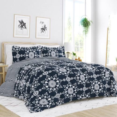 Twin Size 2 Piece Navy Reversible Daisy Medallion Striped Comforter Set
