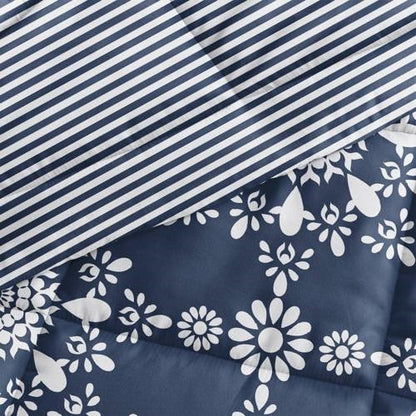 Twin Size 2 Piece Navy Reversible Daisy Medallion Striped Comforter Set