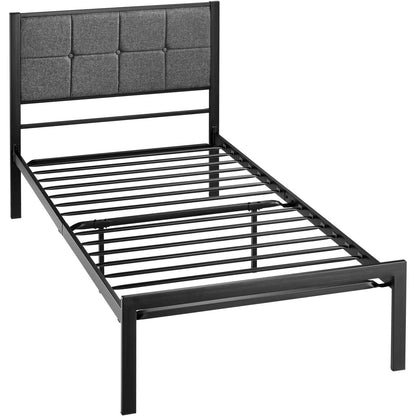 Twin Metal Platform Bed Frame with Gray Button Tufted Upholstered Headboard