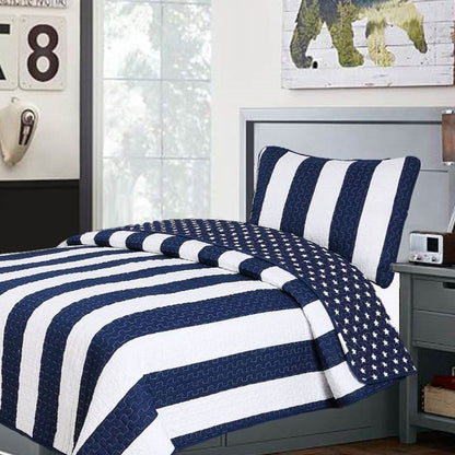 Twin Size, 2 Piece Blue Stars/Stripes Cotton Reversible Quilt Set