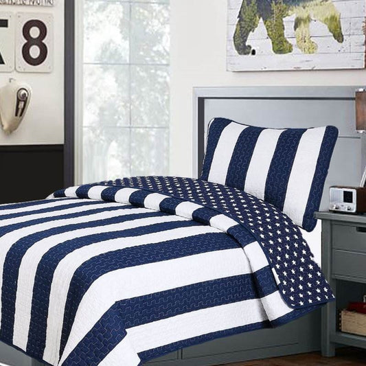 Twin Size, 2 Piece Blue Stars/Stripes Cotton Reversible Quilt Set