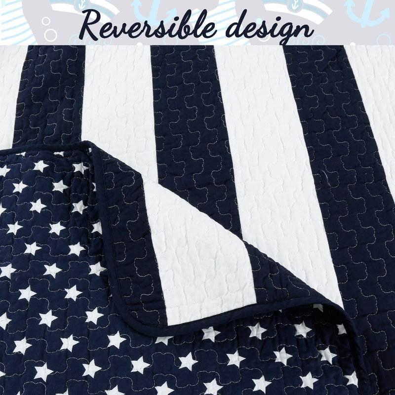 Twin Size, 2 Piece Blue Stars/Stripes Cotton Reversible Quilt Set