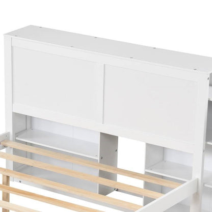 Twin/Twin White Wooden Platform Bed w/ Trundle Storage Headboard Bookshelf