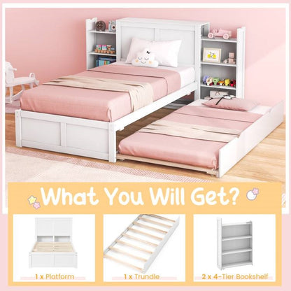 Twin/Twin White Wooden Platform Bed w/ Trundle Storage Headboard Bookshelf