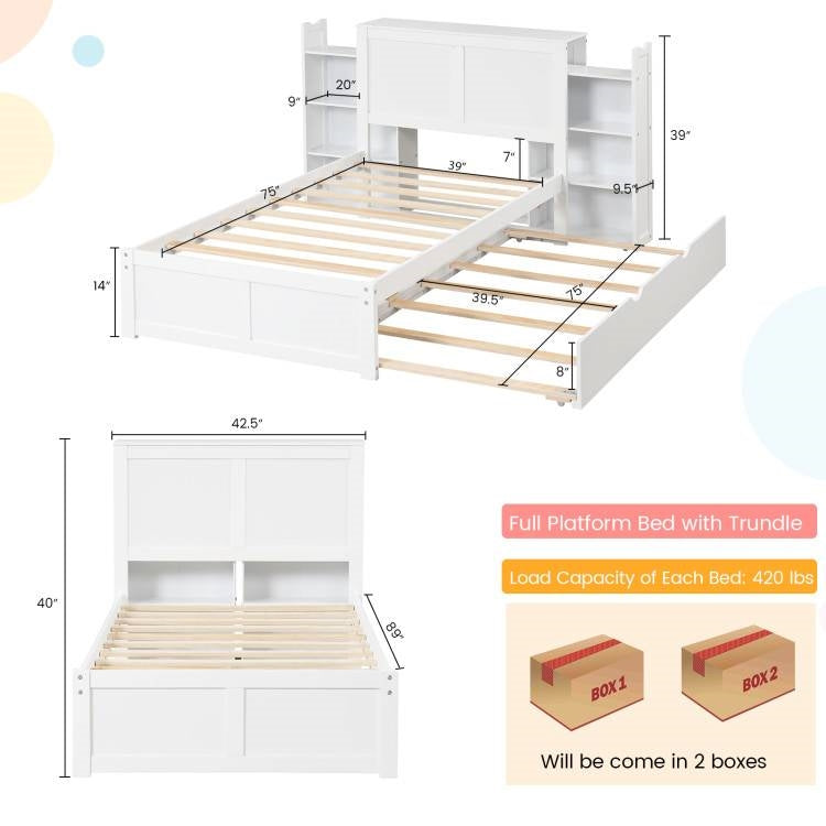 Twin/Twin White Wooden Platform Bed w/ Trundle Storage Headboard Bookshelf