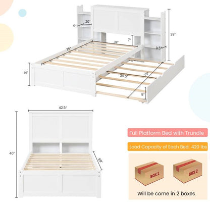 Twin/Twin White Wooden Platform Bed w/ Trundle Storage Headboard Bookshelf