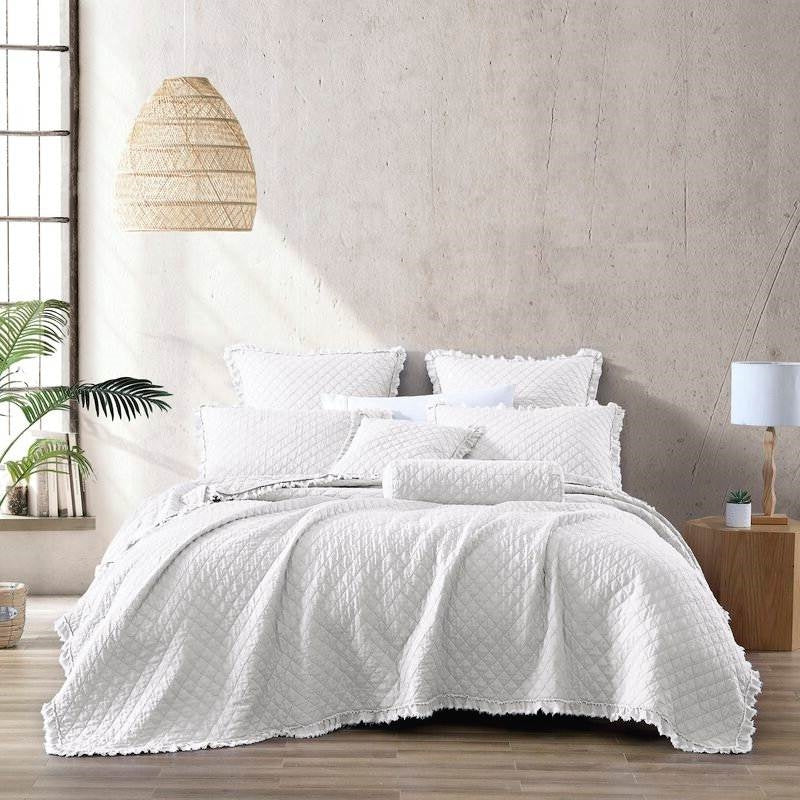 Twin, White FarmHouse Reversible Ruffle Microfiber Quilt Set