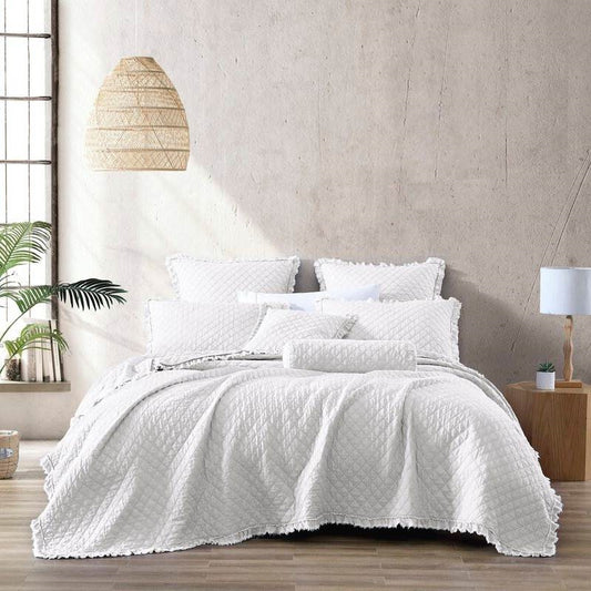 Twin, White FarmHouse Reversible Ruffle Microfiber Quilt Set