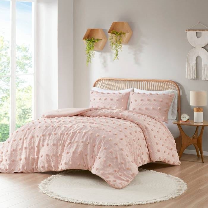 Twin/Twin XL 2 Piece Jacquard Pompom Microfiber Hypoallergenic Comforter Set, Pink