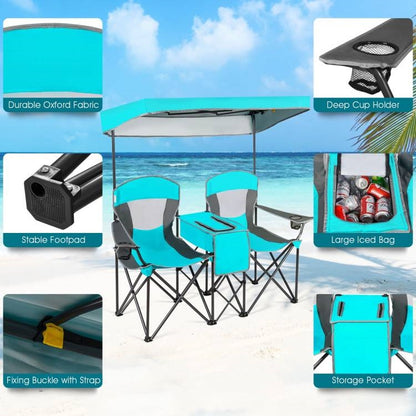 Aqua 2 Seater Folding Camping Canopy Chairs Cup Holder Storage Pocket