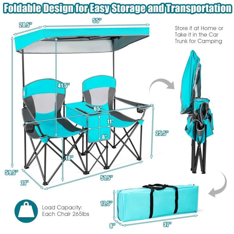 Aqua 2 Seater Folding Camping Canopy Chairs Cup Holder Storage Pocket
