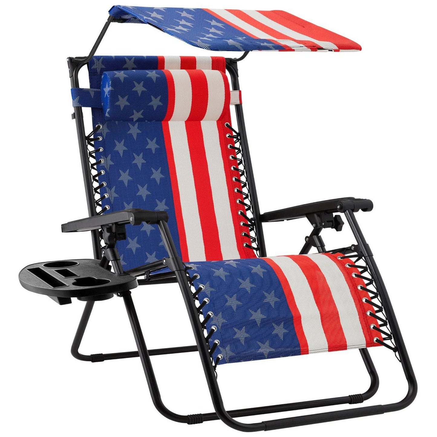 USA American Flag Zero Gravity Folding Reclining Patio Lounge Chair w/ Canopy Sun Shade