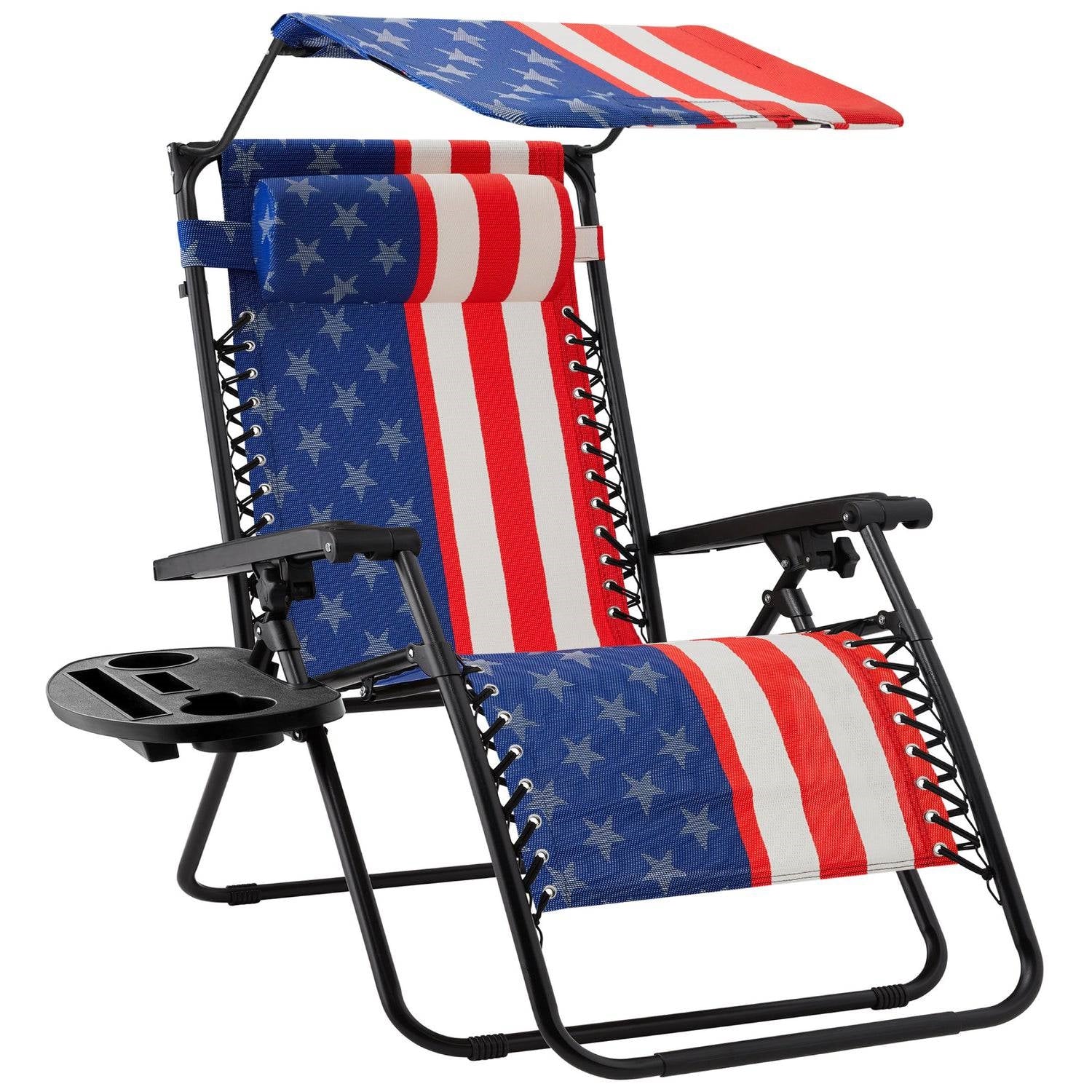 USA American Flag Zero Gravity Folding Reclining Patio Lounge Chair w/ Canopy Sun Shade