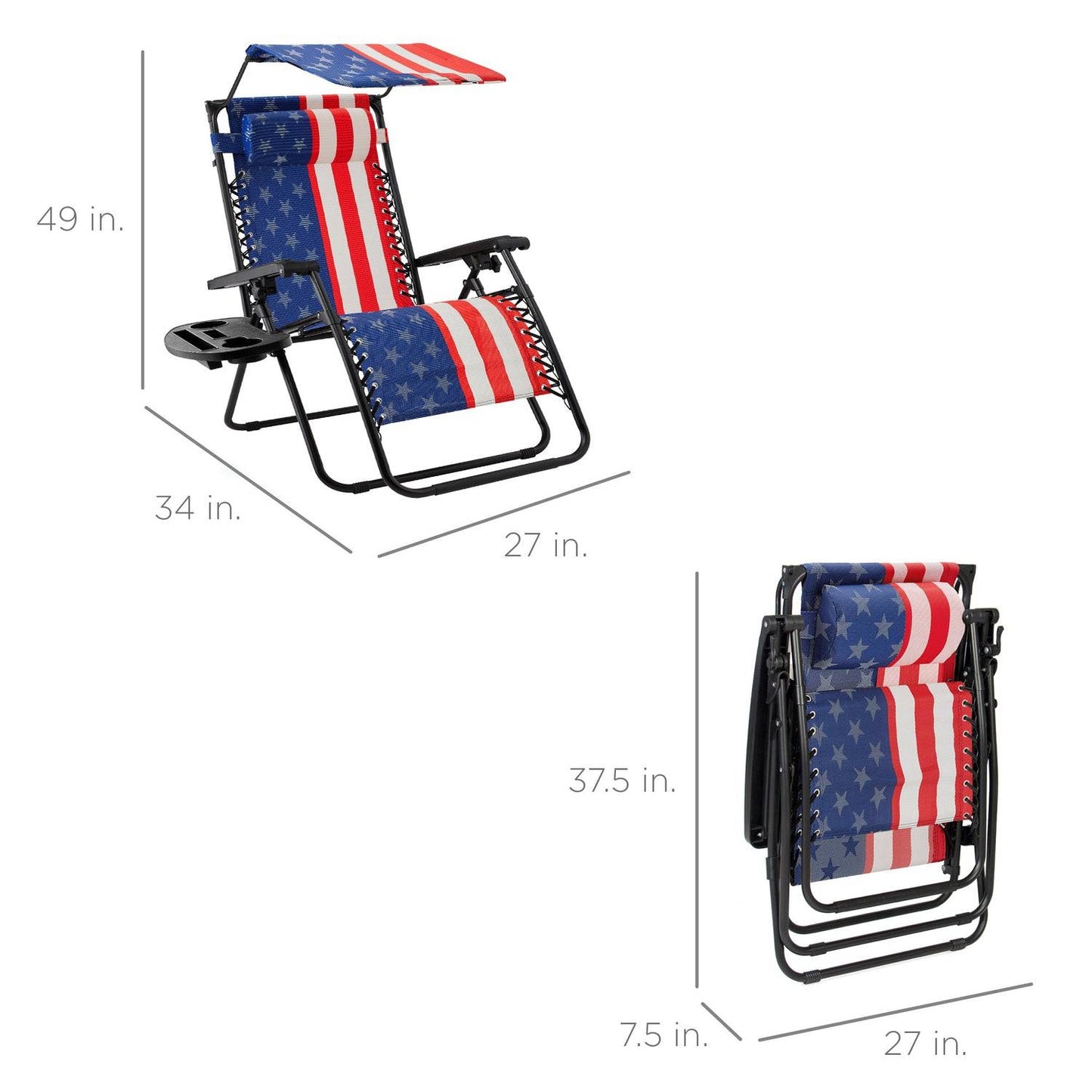 USA American Flag Zero Gravity Folding Reclining Patio Lounge Chair w/ Canopy Sun Shade