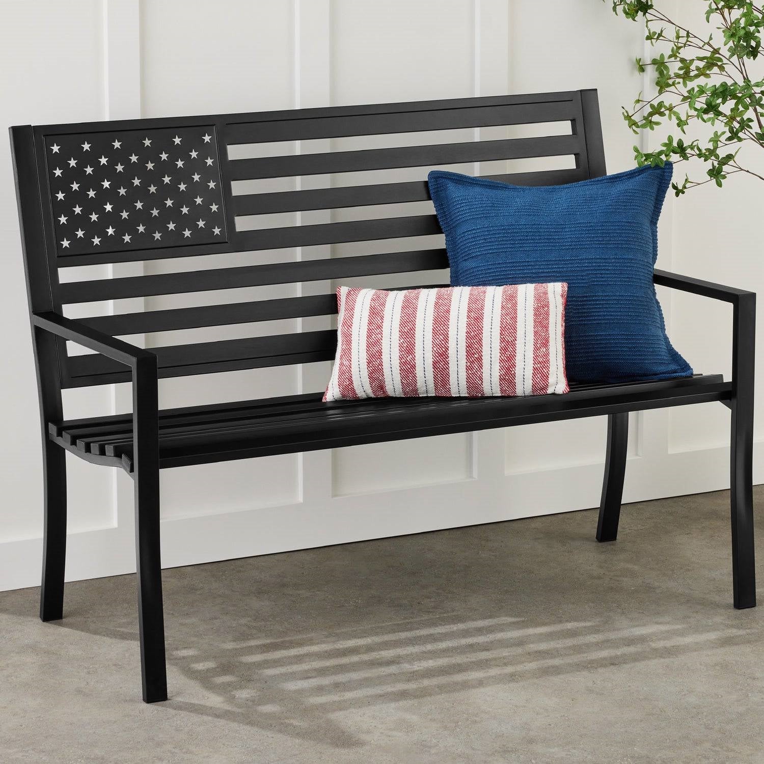 2 Person Patriotic USA Indoor/Outdoor Steel Bench w/ American Flag Backrest