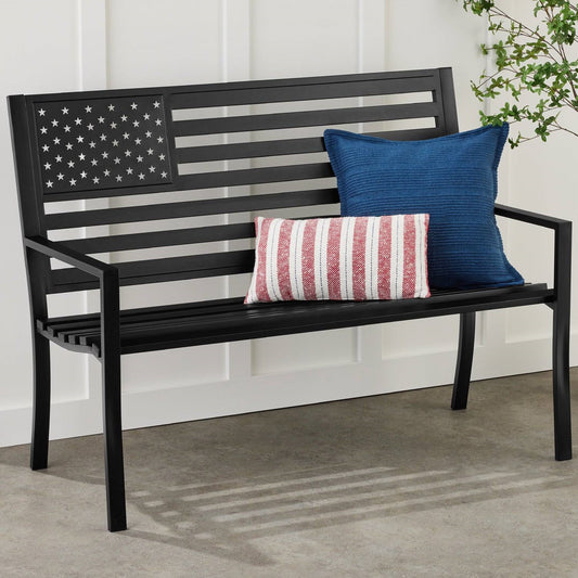 2 Person Patriotic USA Indoor/Outdoor Steel Bench w/ American Flag Backrest