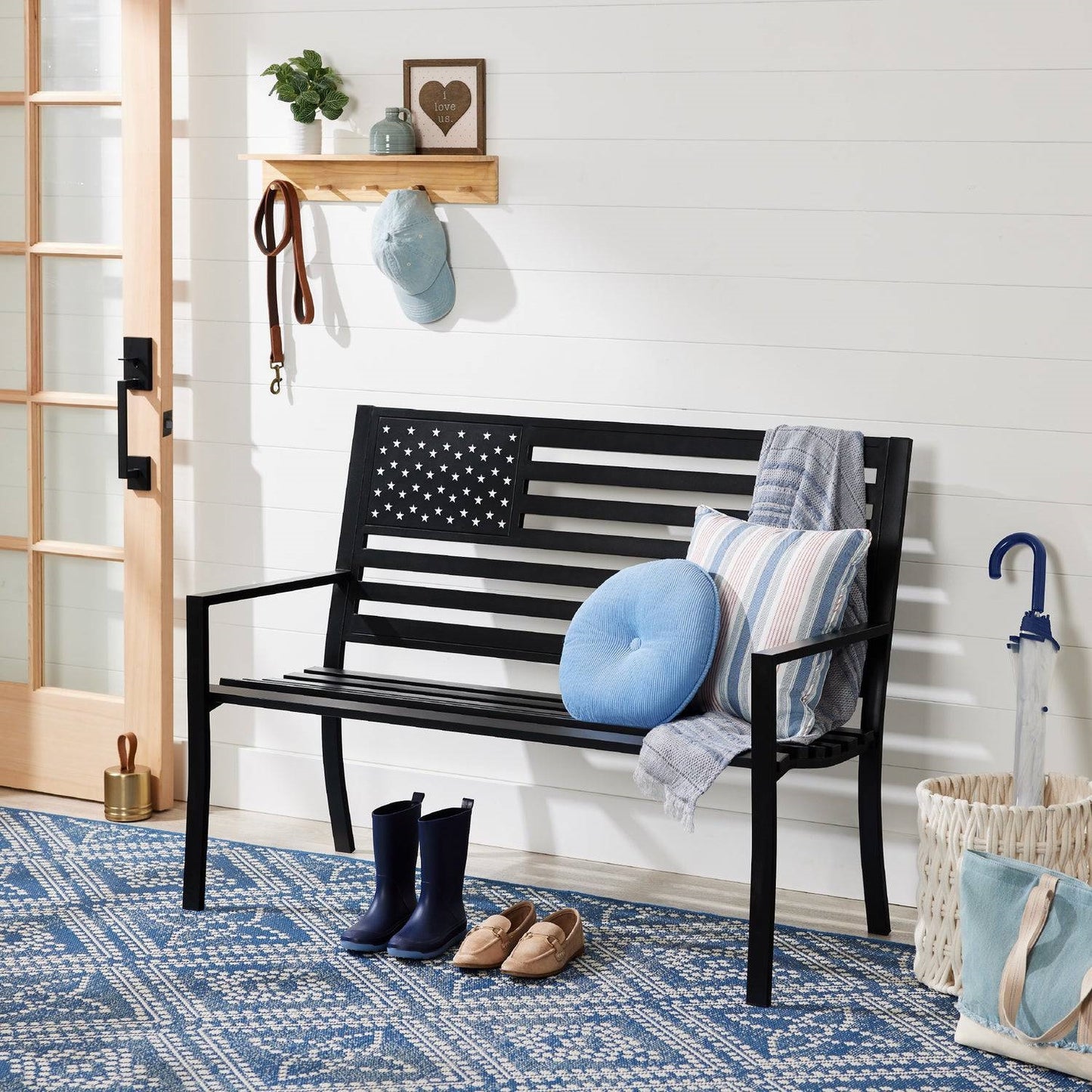 2 Person Patriotic USA Indoor/Outdoor Steel Bench w/ American Flag Backrest
