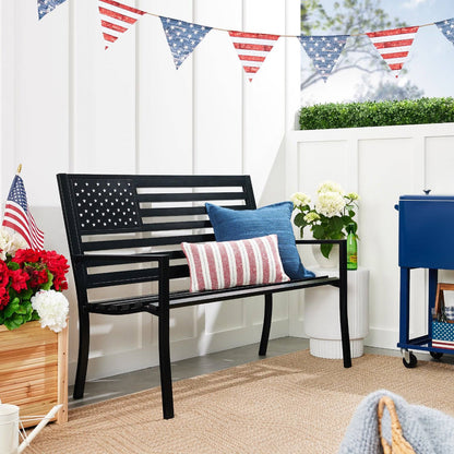2 Person Patriotic USA Indoor/Outdoor Steel Bench w/ American Flag Backrest