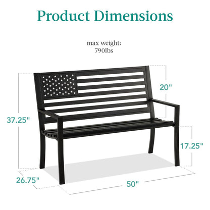 2 Person Patriotic USA Indoor/Outdoor Steel Bench w/ American Flag Backrest