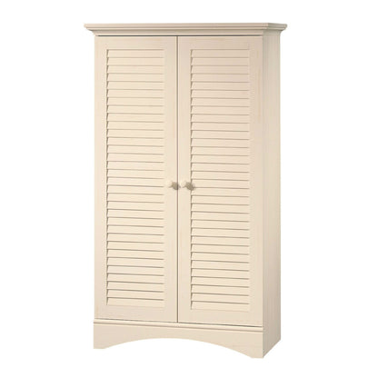 Vintage Antique White Wood Finish Wardrobe Armoire Storage Cabinet with Louver Doors
