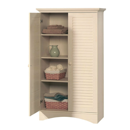 Vintage Antique White Wood Finish Wardrobe Armoire Storage Cabinet with Louver Doors