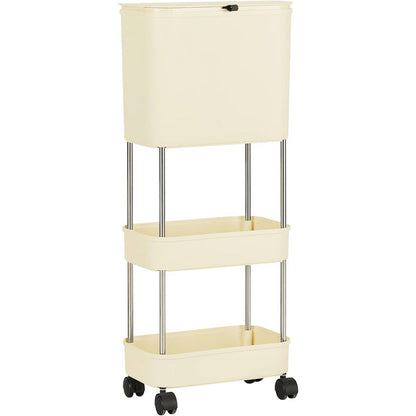 5gL Kitchen Wheeled Trolley Storage Elevated Trash Can w/ Lid Cream