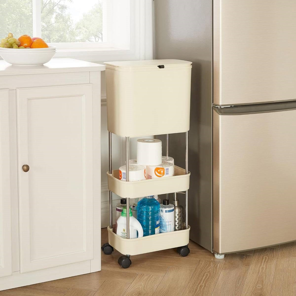 5gL Kitchen Wheeled Trolley Storage Elevated Trash Can w/ Lid Cream