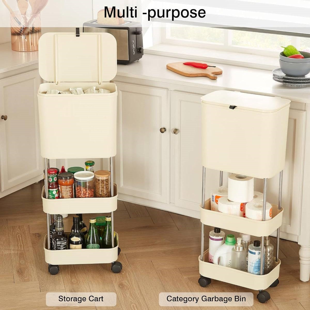 5gL Kitchen Wheeled Trolley Storage Elevated Trash Can w/ Lid Cream