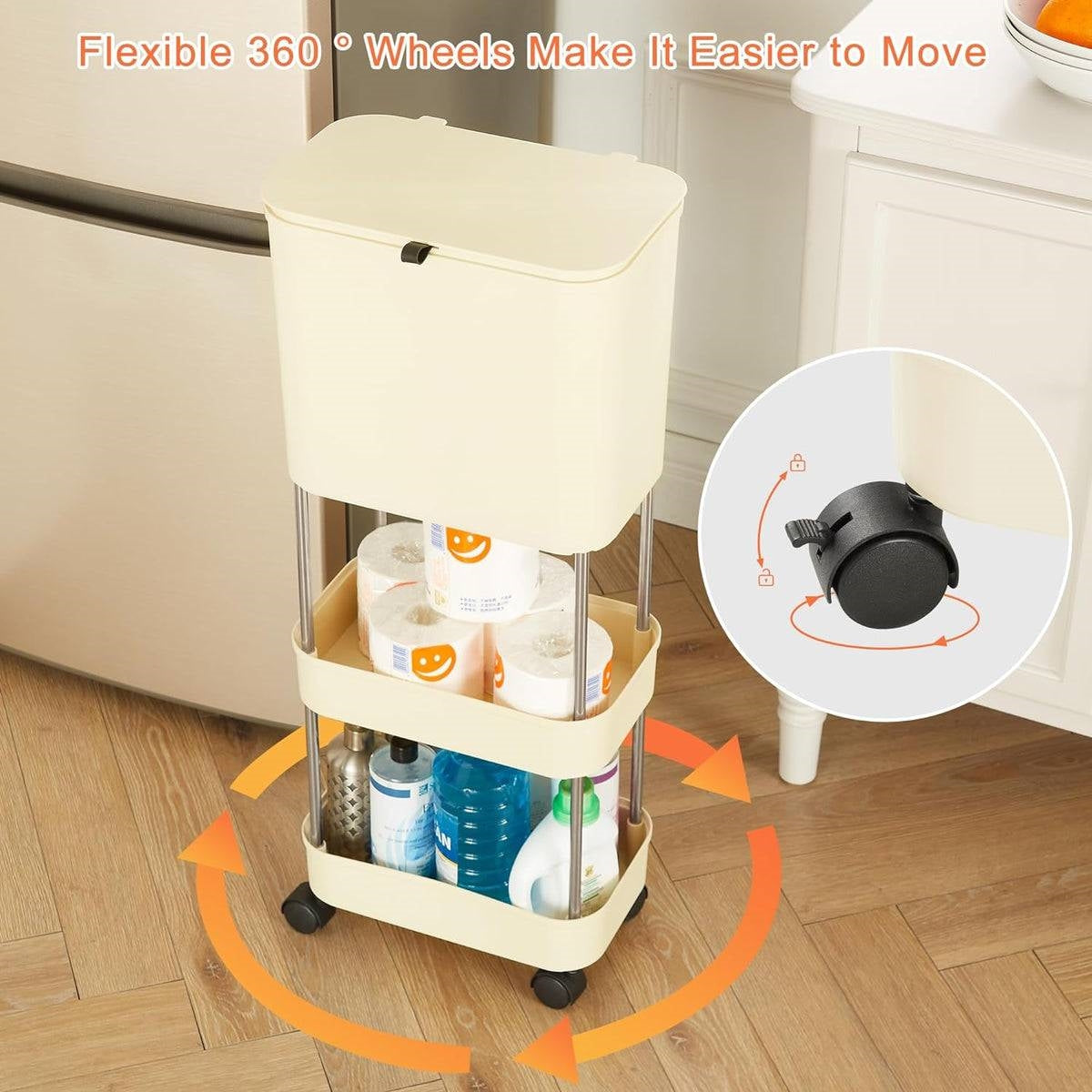 5gL Kitchen Wheeled Trolley Storage Elevated Trash Can w/ Lid Cream