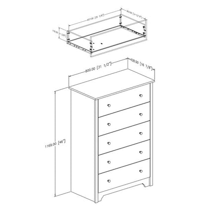 Dark Brown Chocolate Woof Finish 5-Drawer Bedroom Chest of Drawers with Metal Knobs