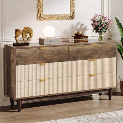 Vintage Retro Brown Light Wooden 6 Drawer Dresser