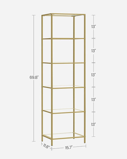 Narrow Glass Shelf Bookcase Bedroom Living Office Bath Storage Unit in Gold