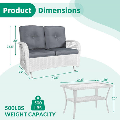 2 Piece White PE Wicker Glider Loveseat Bench with Grey Cushion and Coffee Table