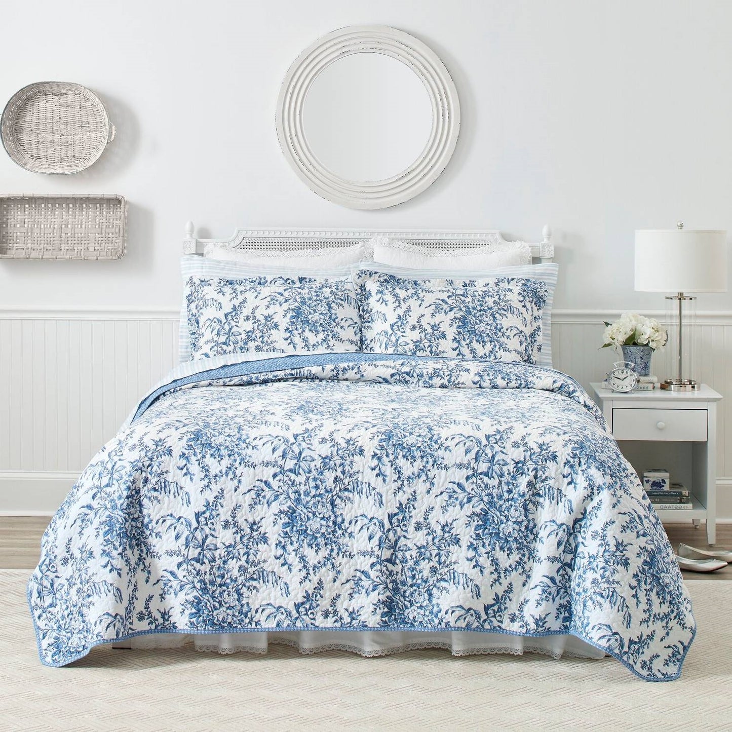 3 Piece Bed In A Bag Coastal Blue Floral Cotton Quilt Set King Size