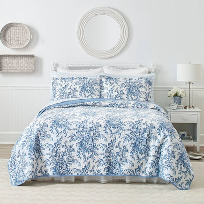 3 Piece Bed In A Bag Coastal Blue Floral Cotton Quilt Set King Size