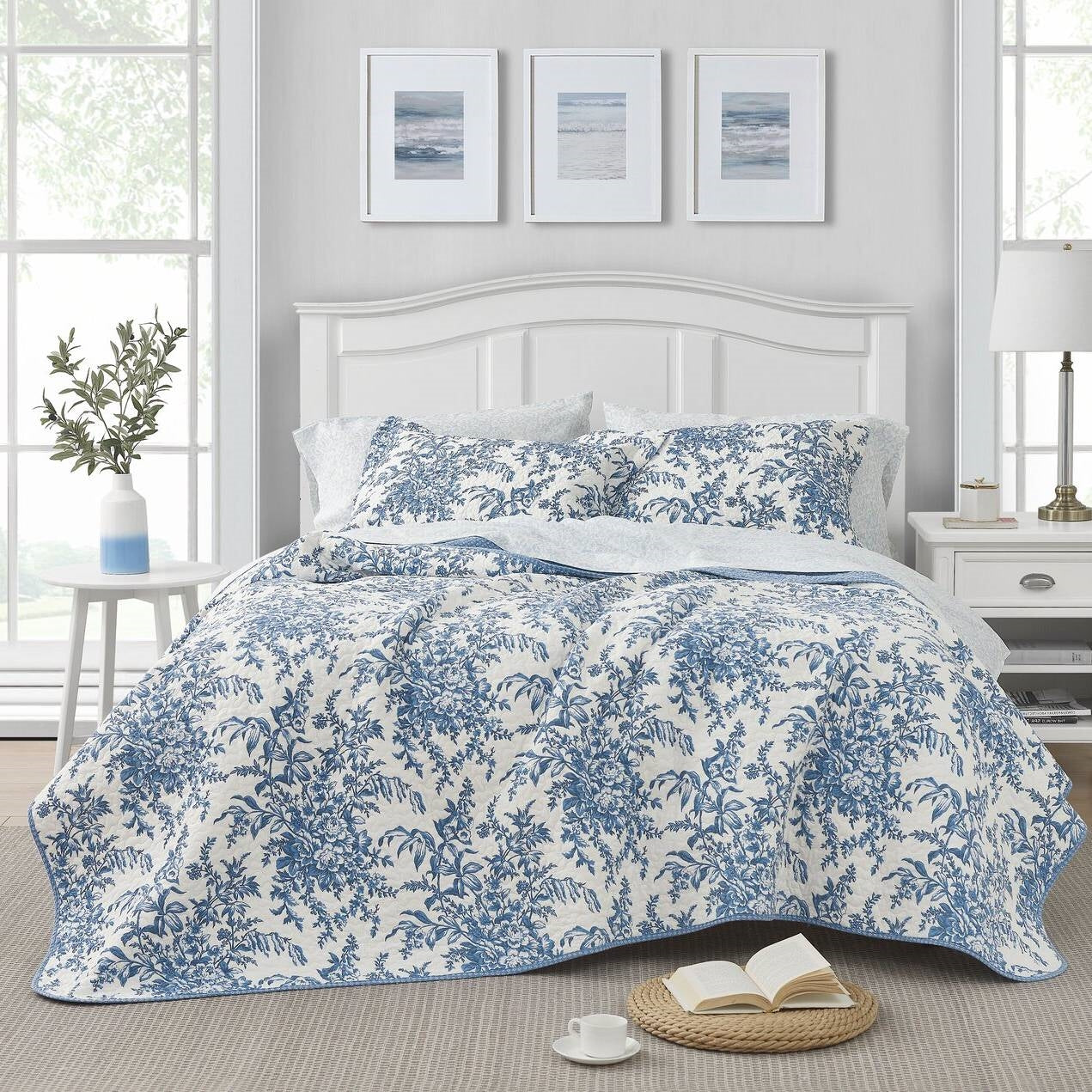 3 Piece Bed In A Bag Coastal Blue Floral Cotton Quilt Set King Size