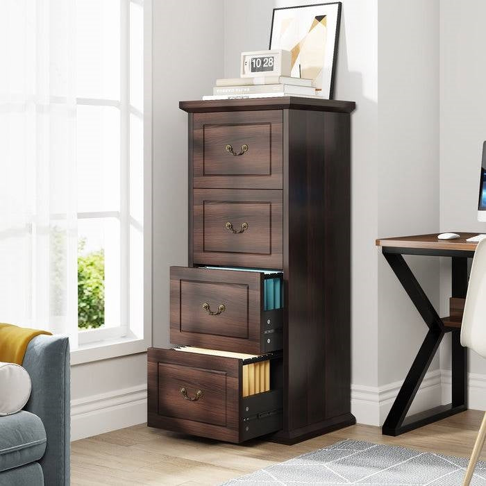 Traditional Wooden Walnut Vertical 4-Drawer Filing Cabinet Organizer