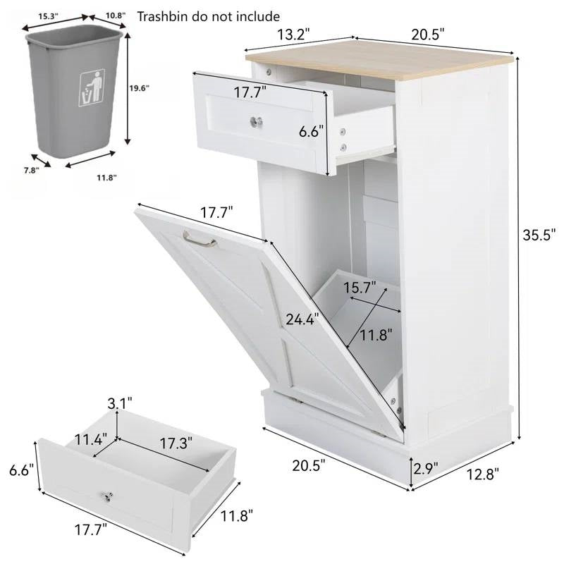 Trash Can Cabinet in White Wood Finish - Accommodates 10-Gallon Trash Bin