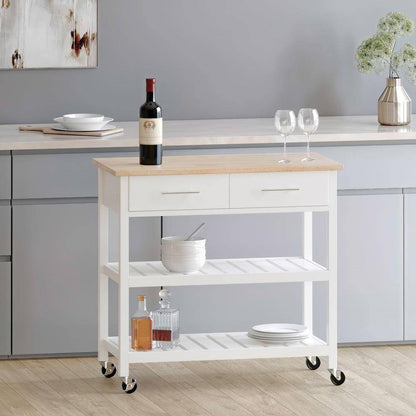 Modern White Kitchen Island Cart with Wood Top 2 Drawers and 2 Bottom Shelves