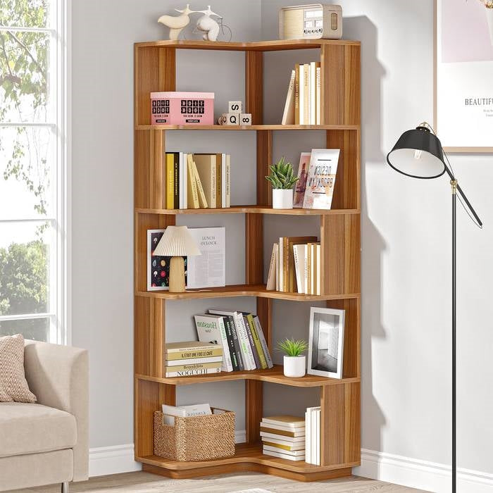 Multifunctional Wooden Grain 6 Shelf Corner L Bookcase Organizer